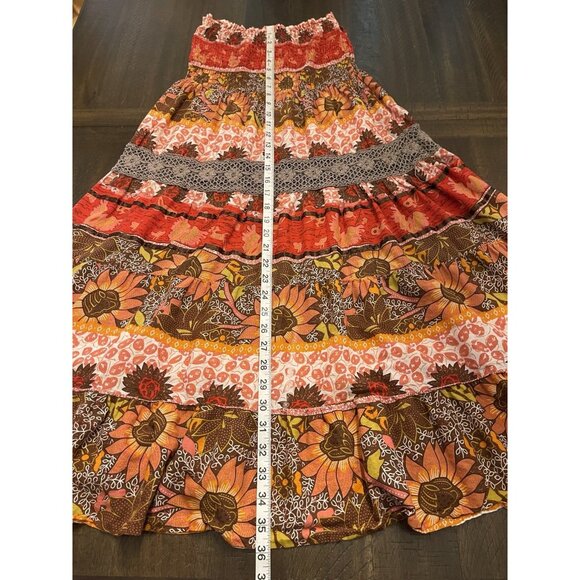 VTG She’s Cool XL Boho Tiered Maxi Skirt Sunflower Print Smocked Waist Pull-On - Picture 5 of 8